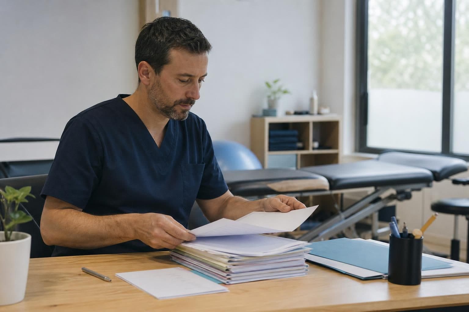 Un homme en tenue médicale sombre consulte et trie des feuilles sur un bureau dans un cabinet de soins ou de kinésith…