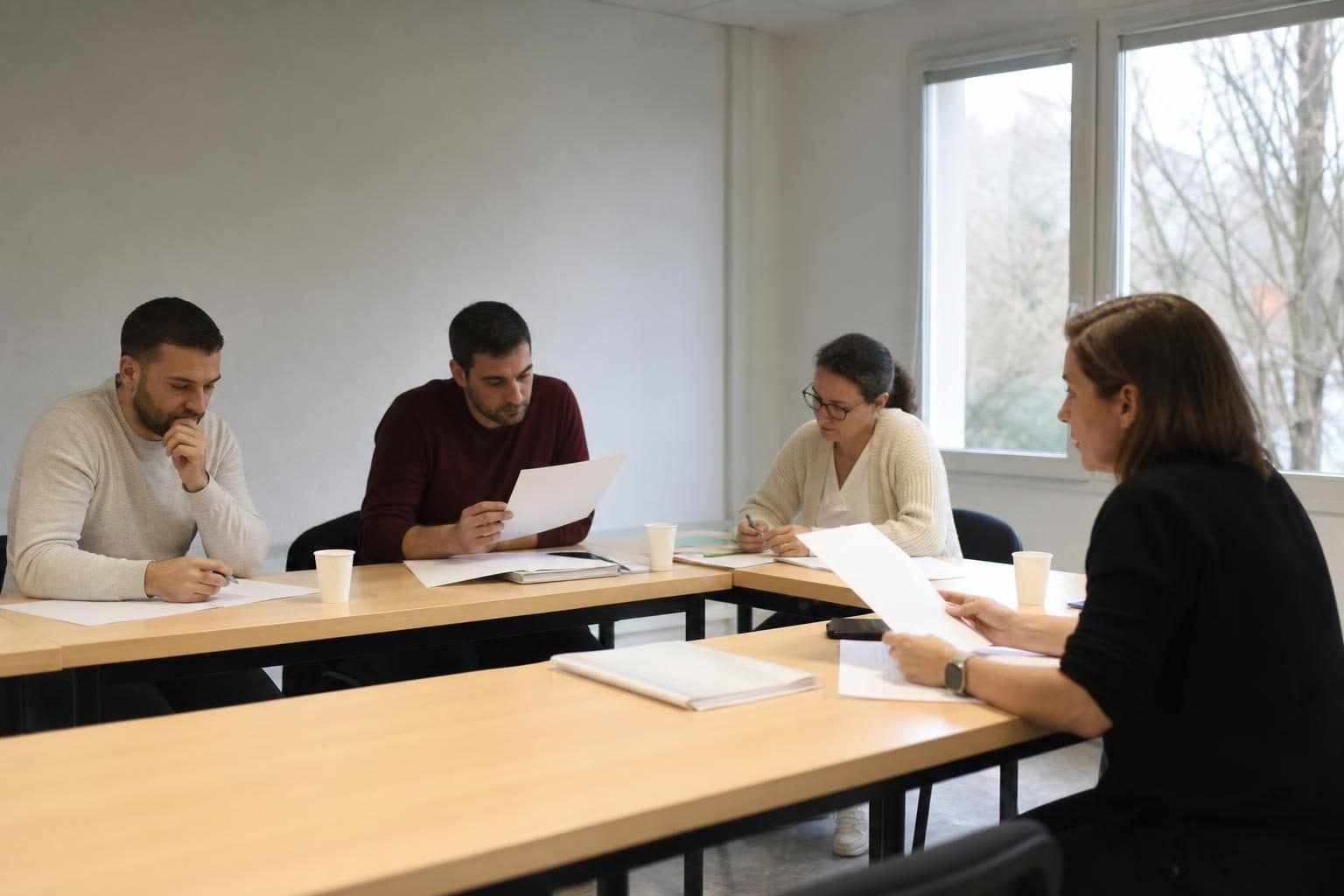 Quatre adultes sont assis autour de tables dans une salle de formation lumineuse, en train de lire des feuilles et de…