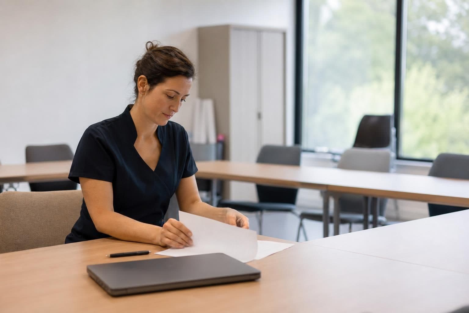 Une femme assise à une table dans une salle de réunion lumineuse manipule des feuilles de papier, avec un ordinateur …